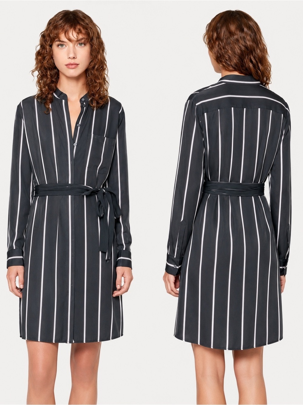 Equipment Ravena Stripe Belted Collarless Shirt Dress Womens Sz Large